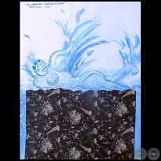 La nadadora aterrorizada - Serie AZUL dibujo sobre papel de Ricardo Migliorisi - Año: 2018